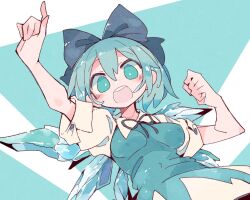 Rule 34 | 1girl, blue background, blue bow, blue dress, blue eyes, blue hair, bow, breasts, bright pupils, cirno, detached wings, dress, hair bow, highres, ice, ice wings, index finger raised, looking at viewer, massakasama, medium breasts, open mouth, short hair, short sleeves, solo, teeth, touhou, upper body, upper teeth only, white pupils, wings