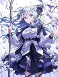 Rule 34 | 1girl, aqua eyes, artist name, branch, dress, feet out of frame, floating hair, flower, hair between eyes, hair flower, hair ornament, hands up, holding, holding staff, horns, long hair, long sleeves, looking at viewer, original, parted lips, puffy sleeves, silver hair, solo, staff, thighhighs, yamigo
