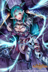 Rule 34 | 1girl, age of ishtaria, aqua hair, bad id, bad pixiv id, barefoot, barefoot sandals (jewelry), breasts, chain, cleavage, company name, copyright name, copyright notice, earrings, feathered wings, full body, hair ornament, jewelry, long hair, official art, open mouth, pointy ears, puuzaki puuna, red eyes, sitting, solo, teeth, toeless legwear, toes, torn clothes, wings, zerachie (age of ishtaria)