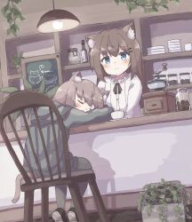 Rule 34 | 2girls, animal ears, blue eyes, blue hoodie, blush, brown hair, cafe, cat ears, cat girl, cat tail, ceiling light, chair, closed mouth, coffee beans, coffee maker, colon br, cup, dutch angle, frilled shirt, frills, green pantyhose, hair ornament, hairclip, head rest, highres, hood, hood down, hoodie, indoors, leaning on table, legs apart, long bangs, long hair, long sleeves, looking at viewer, multiple girls, original, pantyhose, plant, potted plant, saucer, shelf, shirt, sidelocks, sign, sitting, sleeping, smile, straight hair, tail, teacup, white shirt
