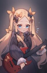 Rule 34 | 1girl, abigail williams (fate), black bow, black dress, blonde hair, blue eyes, blush, bow, breasts, dress, electric guitar, fate/grand order, fate (series), forehead, guitar, hair bow, highres, instrument, long hair, long sleeves, looking at viewer, miya (miyaruta), multiple hair bows, open mouth, orange bow, parted bangs, ribbed dress, sidelocks, small breasts, solo, twintails