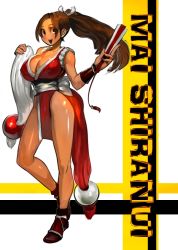 Rule 34 | 1girl, bare shoulders, blush, breasts, brown eyes, brown hair, character name, cleavage, folded fan, hand fan, fatal fury, folding fan, huge breasts, japanese clothes, jintetsu, large breasts, open mouth, pelvic curtain, ponytail, revealing clothes, shiranui mai, smile, snk, solo, the king of fighters