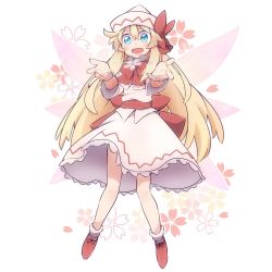 Rule 34 | 1girl, absurdres, blonde hair, blue eyes, blush, capelet, dress, fairy, fairy wings, foreshortening, frilled dress, frills, hat, highres, lily white, long hair, long sleeves, open mouth, red footwear, shoes, simple background, smile, socks, solo, touhou, white background, white capelet, white dress, white hat, white socks, wings, yutamaro