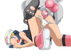 Rule 34 | all fours, anal, animal penis, artist request, bestiality, blue hair, clothed sex, creatures (company), dawn (pokemon), game freak, gen 3 pokemon, highres, interspecies, knotted penis, monster, nintendo, one eye closed, penis, pokemon, pokemon (creature), poochyena, sex, testicles, uncensored, wink
