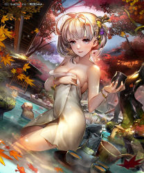 Rule 34 | 1girl, afloat, animal, autumn, autumn leaves, backlighting, bare shoulders, black ribbon, blonde hair, blue eyes, breasts, bucket, building, cherry blossoms, cleavage, closed mouth, collarbone, copyright request, cup, day, drink, dutch angle, hair ornament, hair ribbon, hair stick, hairband, holding, japanese macaque, katateoke, lantern, lens flare, liduke, liquid, looking at viewer, medium breasts, monkey, naked towel, official art, onsen, original, outdoors, pink lips, plant, ribbon, rock, short hair, smile, solo, standing, sunlight, teapot, towel, towel on head, tree, wading, water, water drop, wet, wooden bucket, wristband