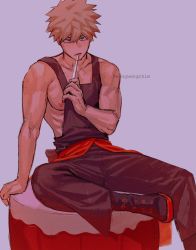 1boy, artist name, bakugou katsuki, bangs, bare arms, bare shoulders, black pants, blonde hair, boku no hero academia, boots, closed mouth, collarbone, frown, grey background, hair between eyes, highres, looking at viewer, male focus, nipples, pants, pectorals, red eyes, short hair, simple background, sitting, solo, spiked hair, symbol commentary, tank top, toned, toned male, wengwengchim