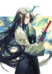 Rule 34 | 1girl, arknights, black hair, chinese clothes, closed mouth, coat, dragon horns, dusk (arknights), earrings, folding fan, hand fan, holding, horns, huanxiang heitu, jewelry, long hair, open clothes, open coat, pointy ears, red eyes, sidelocks, solo, very long hair, white coat
