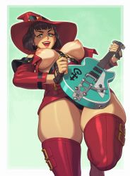 Rule 34 | 1girl, absurdres, black hair, black panties, breasts, breasts out, electric guitar, guilty gear, guitar, hat, highres, i-no, instrument, looking at viewer, medium breasts, mole, mole above mouth, music, nipples, o-ring, open mouth, panties, playing instrument, red hat, red lips, red thighhighs, riz, short hair, skindentation, smile, solo, thick thighs, thighhighs, thighs, underwear, witch hat