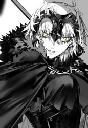 Rule 34 | armor, armored dress, au (d elete), bad id, bad twitter id, black dress, cape, chain, dress, fate/grand order, fate (series), fur-trimmed cape, fur collar, fur trim, greyscale, grin, headpiece, jeanne d&#039;arc (fate), jeanne d&#039;arc alter (avenger) (fate), jeanne d&#039;arc alter (fate), looking at viewer, monochrome, short hair, silver hair, smile, solo, yellow eyes