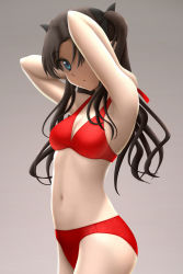 Rule 34 | 1girl, arms up, bikini, black hair, blue eyes, bow, breasts, cleavage, fate/stay night, fate (series), hair bow, highres, long hair, looking at viewer, navel, official alternate costume, red bikini, siraha, solo, swimsuit, tohsaka rin, twintails, two side up, tying