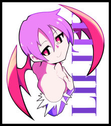 Rule 34 | 1girl, artsy-rc, bad id, bad twitter id, bat wings, black border, border, character name, closed mouth, covering privates, covering breasts, flat chest, head wings, highres, lilith aensland, looking at viewer, purple hair, red eyes, slit pupils, smile, solo, upper body, vampire (game), wings