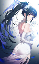 Rule 34 | 1girl, absurdres, ass, black hair, blue archive, blue eyes, blue halo, blush, choker, cowboy shot, dress, earrings, elbow gloves, gloves, halo, highres, jewelry, long hair, looking at viewer, ninebell, official alternate costume, open mouth, saori (blue archive), saori (dress) (blue archive), smile, solo, strapless, strapless dress, thighhighs, white choker, white dress, white gloves, white thighhighs