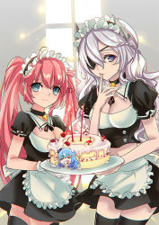 Rule 34 | 3girls, 8rats, alternate costume, apron, bell, black legwear, blue eyes, blue hair, blue hat, breasts, cake, candle, cherry, chibi, cleavage, cleavage cutout, closed mouth, clothing cutout, collar, cowboy shot, eating, enmaided, eyepatch, food, fruit, hat, horns, large breasts, licking, licking finger, light purple hair, long hair, looking at viewer, maid, maid apron, maid headdress, medium breasts, multiple girls, neck bell, pink hair, plate, puffy short sleeves, puffy sleeves, purple eyes, quincy (warship girls r), short sleeves, sirius (warship girls r), smile, taihou (warship girls r), thighhighs, twintails, warship girls r, window, zettai ryouiki