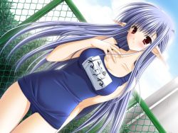 Rule 34 | 00s, 1girl, backlighting, blue hair, blue one-piece swimsuit, blush, breasts, character name, cleavage, cowboy shot, day, dutch angle, fingernails, game cg, half updo, legs together, long fingernails, long hair, name tag, nerine, official art, one-piece swimsuit, outdoors, pointy ears, red eyes, school swimsuit, shuffle!, sky, solo, standing, suzuhira hiro, swimsuit, very long hair