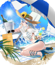 Rule 34 | 1girl, arm up, armlet, armpit peek, beach mat, beach umbrella, bikini, blue eyes, blue hair, blue nails, blue shorts, bracelet, breasts, brooch, bucket, closed mouth, closers, criss-cross halter, crop top, crop top overhang, cup, day, drinking glass, earrings, frilled shirt, frills, halterneck, high heels, highres, jewelry, large breasts, legs, long hair, looking at viewer, micro shorts, nail polish, official art, ring, shirt, shorts, smile, solo, sunlight, swimsuit, thighs, umbrella, violet (closers), white bikini, white shirt