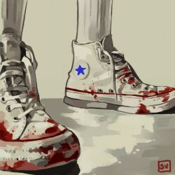 Rule 34 | 1other, blood, converse, footwear focus, highres, original, shadow, shoelaces, shoes, signature, simple background, sneakers, socks, standing, star (symbol), swagvo1d, white footwear, white socks