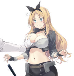 Rule 34 | 1girl, 1other, ^^^, admiral (kancolle), bandeau, black gloves, black hairband, blonde hair, blue eyes, breast hold, breasts, choker, cowboy shot, cropped jacket, fingerless gloves, gloves, grey jacket, grey skirt, groping, hairband, jacket, kantai collection, large breasts, midriff, navel, nelson (kancolle), race queen, sakana (flame sakana), simple background, skirt, white background