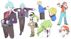 Rule 34 | 4boys, adjusting clothes, adjusting headwear, ankea (a-ramo-do), arm up, arms up, ascot, baseball cap, belt, black headwear, black pants, black shirt, blonde hair, blue eyes, blue hair, blue jacket, blue pants, bracelet, brown eyes, brown hair, brown pants, closed mouth, creatures (company), cropped legs, cropped torso, from above, from side, full body, game freak, green eyes, green footwear, green hair, gym leader, hair between eyes, hand up, happy, hat, head rest, highres, holding, holding poke ball, jacket, jewelry, long hair, looking at viewer, looking down, looking to the side, male focus, matching hair/eyes, multiple boys, n (pokemon), necklace, nintendo, open mouth, outstretched arm, pants, poke ball, poke ball (basic), pokemon, pokemon bw, pokemon dppt, pokemon frlg, pokemon oras, purple footwear, purple jacket, purple vest, red (pokemon), red ascot, red footwear, red headwear, red vest, ring, shirt, shoes, short hair, short sleeves, simple background, sitting, smile, spread legs, standing, steven stone, thinking, undershirt, upper body, vest, volkner (pokemon), walking, white background, white shirt, wristband
