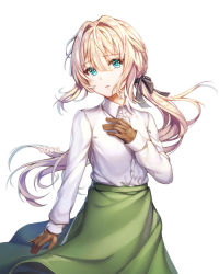 Rule 34 | 10s, 1girl, arm at side, artist name, black ribbon, blonde hair, blue eyes, brown gloves, collared shirt, dress shirt, gloves, green skirt, hair between eyes, hair intakes, hair ribbon, hand on own chest, long hair, long skirt, long sleeves, looking at viewer, low ponytail, parted lips, ribbon, roang, shirt, simple background, skirt, solo, standing, very long hair, violet evergarden, violet evergarden (series), white background, white shirt, wing collar