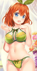 Rule 34 | 1girl, :d, bare arms, bare shoulders, blue eyes, bow, bow bra, bow panties, bra, breasts, brown flower, brown hair, cleavage, collarbone, commentary request, cowboy shot, curtains, finger to mouth, flower, fujima takuya, go-toubun no hanayome, green bra, green panties, green ribbon, groin, hair between eyes, hair ribbon, hands up, indoors, looking at viewer, medium breasts, nakano yotsuba, navel, open mouth, panties, pink flower, purple flower, ribbon, smile, solo, transparent, underwear, underwear only, white flower, yellow flower