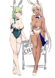 Rule 34 | 2girls, antlers, barefoot, blonde hair, blue bow, blue bowtie, bow, bowtie, braid, braided ponytail, breasts, bridal gauntlets, ceres fauna, cleavage, dark-skinned female, dark skin, detached collar, elbow gloves, feet, female focus, full body, gloves, green bow, green bowtie, green hair, green leotard, green nails, hair ornament, highleg, highleg leotard, hololive, hololive english, horns, large breasts, leotard, long hair, looking at viewer, multicolored hair, multiple girls, nail polish, playboy bunny, sidelocks, simple background, single braid, single bridal gauntlet, single thighhigh, standing, strapless, strapless leotard, thighhighs, toenail polish, toenails, toes, tsukumo sana, undefined, very long hair, virtual youtuber, white background, white footwear, white gloves, white legwear, white leotard, yellow eyes, zen juraku