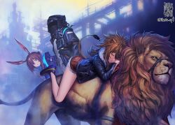 Rule 34 | 1boy, 2girls, amiya (arknights), animal, animal ears, arknights, bent over, black jacket, blue eyes, brown hair, rabbit ears, commentary request, cutoffs, dated, doctor (arknights), fur trim, helmet, hood, hood down, hooded jacket, ikeda (cpt), jacket, lion, lion ears, lion tail, long hair, multiple girls, parted lips, red shorts, reins, shoes, short shorts, shorts, siege (arknights), sleeping, straddling, tail, thighs