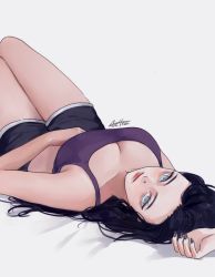 Rule 34 | 1girl, animification, apex legends, arc4na, black hair, black shorts, blue eyes, grey background, looking at viewer, lying, nail polish, nose piercing, on back, open hand, piercing, purple nails, purple sports bra, shorts, signature, solo, sports bra, upside-down, wraith (apex legends)