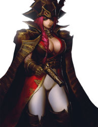 Rule 34 | 1girl, antique firearm, belt, boots, braid, breasts, brown gloves, cleavage, cleavage cutout, clothing cutout, cropped legs, fate/extra, fate (series), gun, firelock, flintlock, francis drake (fate), gloves, green eyes, gun, hat, holding, holding gun, holding weapon, infi, jacket, jacket on shoulders, knee boots, large breasts, pink hair, pirate, pirate hat, scar, scar on face, solo, standing, weapon, white background, white legwear