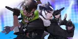Rule 34 | 2boys, ;d, abs, animal ears, aragami oga, back-to-back, black collar, black gloves, black hair, black jacket, black shirt, collar, dark-skinned male, dark skin, eyepatch, fangs, fur-trimmed jacket, fur trim, gem, gloves, green eyes, green gemstone, green necktie, hair between eyes, half gloves, hand up, highres, holding, holding microphone, holostars, horns, jackal boy, jackal ears, jackal tail, jacket, kageyama shien, looking at viewer, mafia (holostars), microphone, moneko, multicolored hair, multiple boys, music, necktie, one eye closed, open clothes, open mouth, open shirt, padded shirt, partially fingerless gloves, sharp teeth, shirt, short hair, signature, silver trim, singing, single horn, smile, stage lights, stole, teeth, two-tone hair, upper body, v-shaped eyebrows, virtual youtuber, white hair, yellow eyes