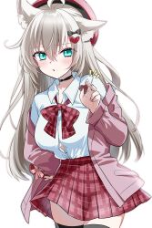 Rule 34 | 1girl, :o, ahoge, animal ear fluff, animal ears, beret, black thighhighs, blue eyes, blush, bow, bowtie, breasts, candy, cardigan, cat ears, cat girl, chocolate, chocolate heart, collared shirt, cowboy shot, emphasis lines, food, grey hair, hair between eyes, hand up, hat, heart, high-waist skirt, highres, holding, holding chocolate, holding food, large breasts, legs together, long hair, miniskirt, motohara moka, off shoulder, open cardigan, open clothes, open mouth, original, partially unbuttoned, pink cardigan, plaid, plaid bow, plaid bowtie, plaid skirt, pleated skirt, red bow, red bowtie, red hat, red skirt, shirt, shirt tucked in, sidelocks, simple background, skirt, solo, thighhighs, thighs, white background, white shirt, wing collar, zettai ryouiki