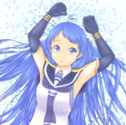 Rule 34 | 1girl, ahoge, arms up, blue eyes, blue hair, blue neckerchief, commentary request, elbow gloves, expressionless, gloves, hair spread out, kantai collection, long hair, looking at viewer, lying, neckerchief, on back, parted lips, sailor collar, samidare (kancolle), shirt, solo, upper body, uzuki mei, white shirt