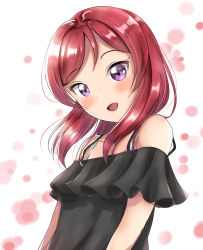 Rule 34 | 10s, 1girl, :d, bare shoulders, black shirt, blush, bra strap, collarbone, commentary request, head tilt, highres, long hair, looking at viewer, love live!, love live! school idol festival, love live! school idol project, nishikino maki, off-shoulder shirt, off shoulder, open mouth, purple eyes, red hair, shirt, sin (sin52y), smile, solo, upper body