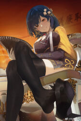 Rule 34 | 1girl, armchair, black footwear, black thighhighs, blue headwear, breasts, chair, china dress, chinese clothes, chinese text, crossed legs, dress, folding fan, foot out of frame, from below, grin, hair ornament, hand fan, high heels, highres, holding, holding fan, jewelry, kuroduki (pieat), large breasts, long hair, long sleeves, looking at viewer, mandarin (masterwork apocalypse), masterwork apocalypse, necklace, orange background, purple dress, shoe dangle, sitting, smile, solo, teeth, thighhighs, weibo logo, weibo watermark, yellow eyes