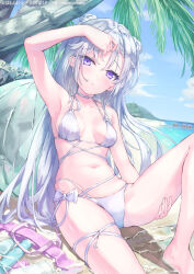 Rule 34 | 1girl, adjusting hair, ball, beach, beachball, bikini, blush, bow, bow bikini, breasts, choker, cleavage, cloud, cloudy sky, collarbone, commentary request, day, double bun, hair between eyes, hair bun, hand on own thigh, long hair, looking at viewer, medium breasts, multiple straps, navel, on ground, original, outdoors, palm tree, parted lips, parufeito, purple eyes, sand, shadow, sitting, sky, sunlight, swimsuit, tree, water, wet, white bikini, white hair