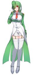 Rule 34 | 1girl, archived source, arm behind back, breasts, closed mouth, creatures (company), flying sweatdrops, full body, game freak, gardevoir, garrison cap, garter straps, gen 3 pokemon, gloves, green gloves, green hair, green hat, grey footwear, hair over one eye, hand up, hat, katagiri hachigou, long sleeves, medium breasts, miniskirt, multicolored hair, necktie, nintendo, personification, pokemon, red necktie, shoes, short hair, short necktie, simple background, skirt, solo, thighhighs, two-tone hair, white background, white hair, white skirt, white thighhighs, zettai ryouiki