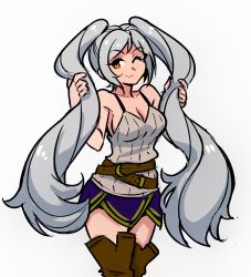 Rule 34 | 1girl, akairiot, belt, boots, breasts, cleavage, fire emblem, fire emblem awakening, grey hair, happy, highres, long hair, nintendo, one eye closed, orange eyes, robin (female) (fire emblem), robin (fire emblem), sideboob, smile, solo, thigh boots, thighhighs, thighs, twintails, very long hair, white background, white hair
