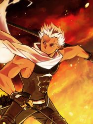 Rule 34 | 1boy, archer (fate), arrow (projectile), bad id, bad pixiv id, cape, dark skin, dark-skinned male, dated, fate/stay night, fate (series), fire, male focus, no jacket, signature, sleeveless, solo, tenko ex, white hair