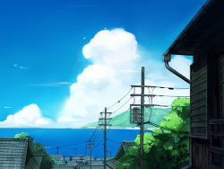 Rule 34 | architecture, blue sky, cloud, commentary request, cumulonimbus cloud, day, east asian architecture, horizon, mountain, no humans, ocean, original, outdoors, power lines, rooftop, scenery, seo tatsuya, sky, summer, transformer, tree, water