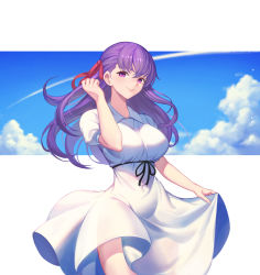 Rule 34 | 1girl, absurdres, blue sky, breasts, closed mouth, cloud, cloudy sky, commentary request, dress, fate/stay night, fate (series), hair ornament, hand up, highres, lips, long hair, looking at viewer, matou sakura, medium breasts, nolan, official alternate costume, puffy short sleeves, puffy sleeves, purple eyes, purple hair, short sleeves, simple background, skirt hold, sky, smile, solo, white dress
