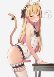 Rule 34 | 1boy, absurdres, akaihoppe, animal ears, arched back, ass, bare shoulders, bell, blonde hair, blush, bridal garter, cat boy, cat ears, cat tail, censored, crossdressing, dress, embarrassed, english text, erection, hairband, highres, jingle bell, long hair, male focus, mars symbol, mosaic censoring, open mouth, original, penis, red eyes, simple background, small penis, solo, spoken mars symbol, standing, tail, tail ornament, thighhighs, trap, white thighhighs