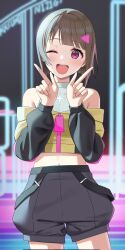Rule 34 | 1girl, bare shoulders, blush, commentary request, enpik, go our way!, grey hair, grey shorts, highres, index fingers raised, long sleeves, looking at viewer, love live!, love live! nijigasaki high school idol club, midriff peek, nakasu kasumi, navel, one eye closed, open mouth, red eyes, short hair, shorts, solo, standing, teeth, triangle hair ornament, upper body, upper teeth only