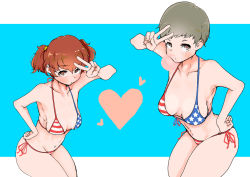 Rule 34 | 2girls, alisa (girls und panzer), american flag bikini, american flag print, bikini, blowing bubbles, blush, breasts, brown eyes, brown hair, chewing gum, collarbone, flag print, freckles, girls und panzer, hair ornament, hand on own hip, highres, looking at viewer, monji (crazy flogman 1), multiple girls, naomi (girls und panzer), navel, print bikini, short hair, side-tie bikini bottom, small breasts, star (symbol), star hair ornament, swimsuit, twintails, v
