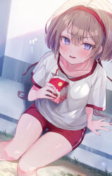 Rule 34 | 1girl, arm support, bendy straw, blush, breasts, brown hair, collarbone, commentary request, day, drinking straw, ebihara beniko, gym shirt, gym shorts, gym uniform, hair between eyes, hair intakes, hairband, highres, holding, knees together feet apart, long hair, looking at viewer, original, outdoors, parted lips, purple eyes, red hairband, red shorts, shirt, short shorts, short sleeves, shorts, small breasts, solo, sweat, thigh gap, very long hair, white shirt