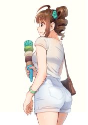 Rule 34 | 1girl, ahoge, ass, bag, blunt bangs, blush, bralines, breasts, brown hair, closed mouth, commentary request, cowboy shot, drill hair, food, from behind, hair ornament, hair scrunchie, handbag, holding, holding food, ice cream, ice cream cone, idolmaster, idolmaster million live!, kamille (vcx68), medium breasts, profile, red eyes, scrunchie, shirt, short hair, short shorts, short sleeves, shorts, shoulder bag, side ponytail, simple background, smile, solo, white background, white shirt, white shorts, wristband, yokoyama nao