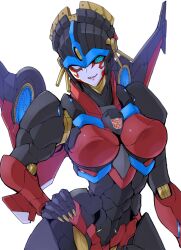 Rule 34 | 1girl, autobot, blue eyes, breasts, flame toys, flame toys windblade, hand on own hip, highres, kasaki yoshihiko, large breasts, looking at viewer, mecha, mechanical wings, medium breasts, one eye closed, parted lips, robot, smile, solo, transformers, white background, windblade, wings