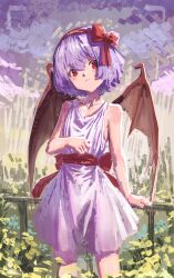 Rule 34 | 1girl, absurdres, bat wings, bow, dress, hair bow, hairband, highres, looking at viewer, nature, nepperoni, petite, purple hair, railing, red eyes, red hairband, remilia scarlet, short dress, short hair, sleeveless, sleeveless dress, solo, touhou, white dress, wings