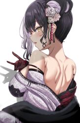 Rule 34 | 1girl, aquina art, back, bare shoulders, black hair, black kimono, breasts, floral print kimono, flower, fox shadow puppet, gloves, hair flower, hair ornament, highres, hololive, hololive english, japanese clothes, kimono, lace, lace-trimmed kimono, lace trim, large breasts, looking at viewer, multicolored hair, off shoulder, official alternate costume, open mouth, shadow, shiori novella, shiori novella (new year), simple background, solo, split-color hair, two-tone hair, virtual youtuber, white background, white hair, yellow eyes