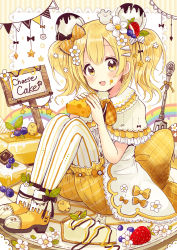 Rule 34 | 1girl, :d, absurdres, animal ears, blonde hair, bloomers, blueberry, blueberry hair ornament, blush, boots, bow, bowtie, capelet, cheese, cheesecake, commentary request, doily, dress, english text, fang, fingernails, flower, food, food-themed hair ornament, food on face, fork, fruit, hair between eyes, hair bow, hair flower, hair ornament, hands up, head tilt, high heel boots, high heels, highres, holding, holding food, looking at viewer, mouse ears, open mouth, orange bow, orange bowtie, original, pantyhose, pennant, plaid, plaid bow, plaid bowtie, plaid neckwear, sakura oriko, sign, sitting, smile, solo, star (symbol), strawberry, strawberry hair ornament, string of flags, striped background, striped clothes, striped pantyhose, twintails, underwear, vertical-striped clothes, vertical-striped pantyhose, white capelet, white dress, white flower, white pantyhose, yellow bloomers, yellow bow, yellow eyes, yellow footwear