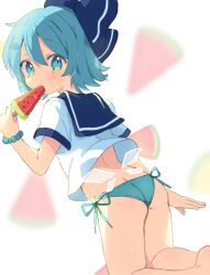 Rule 34 | 1girl, bare arms, bare legs, bikini, bikini bottom only, blue bow, blue eyes, blue hair, bow, cirno, fairy, food, hair between eyes, hair bow, highres, holding, holding food, ice, ice wings, paragasu (parags112), popsicle, shirt, short hair, short sleeves, solo, touhou, white shirt, wings