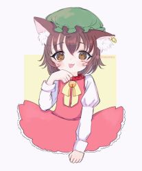 Rule 34 | 1girl, :3, :p, animal ear fluff, animal ears, bell, brown eyes, brown hair, cat ears, chen, collar, cowboy shot, cropped legs, dress, earrings, fang, hand up, hat, highres, jewelry, jingle bell, juliet sleeves, long sleeves, looking at viewer, mob cap, paw pose, puffy sleeves, red dress, renakobonb, simple background, single earring, solo, tongue, tongue out, touhou, white background